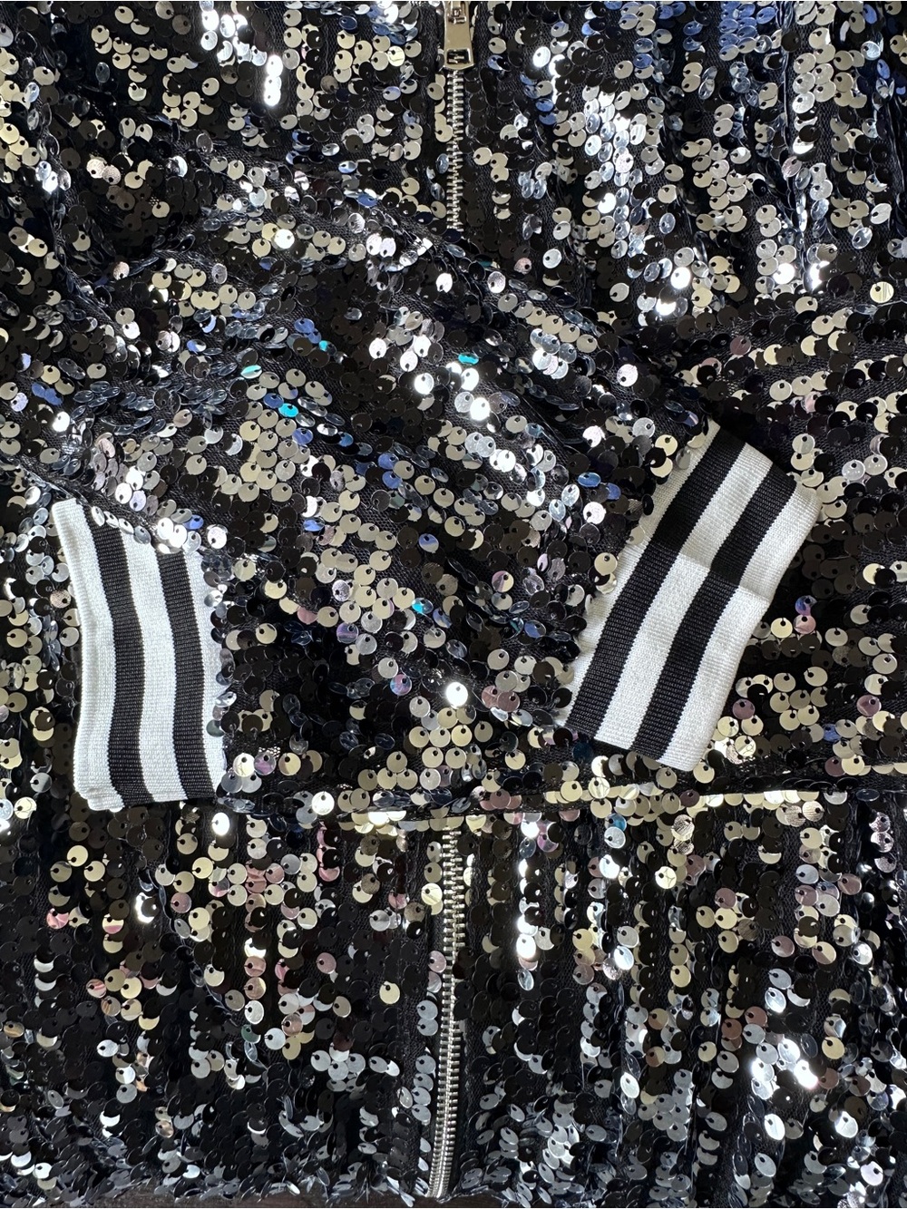 Sparkly Black & Silver Sequin Bomber Jacket Striped Varsity Trim Large - Picture 4 of 7